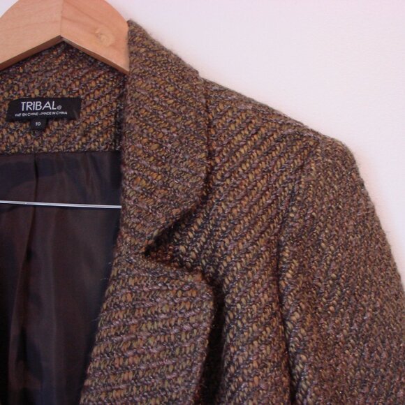 Tribal Wool Blend Brown Tweed Blazer Jacket One Button Pockets Office Size 10 - Picture 8 of 16